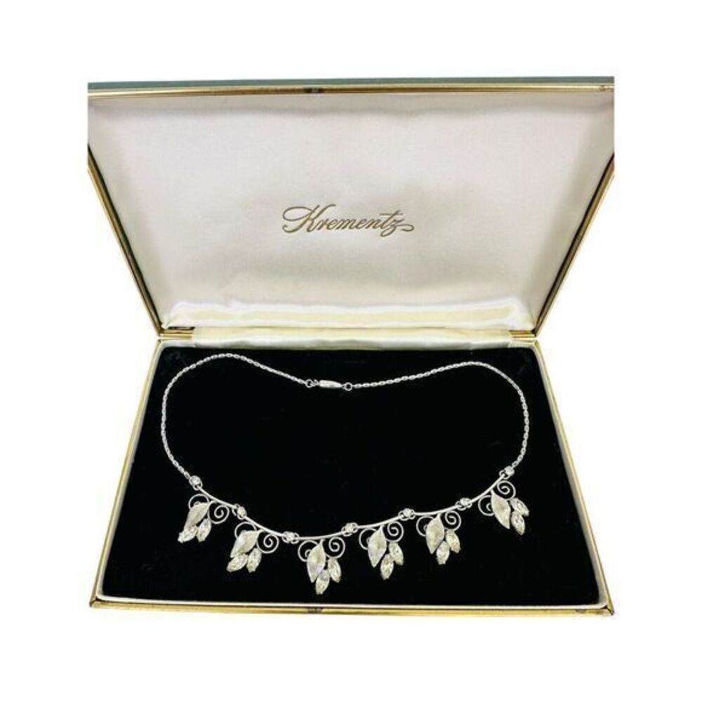 Vintage Krementz Silver Tone Crystal Leaf Flowers Wedding Bridal 15" Necklace